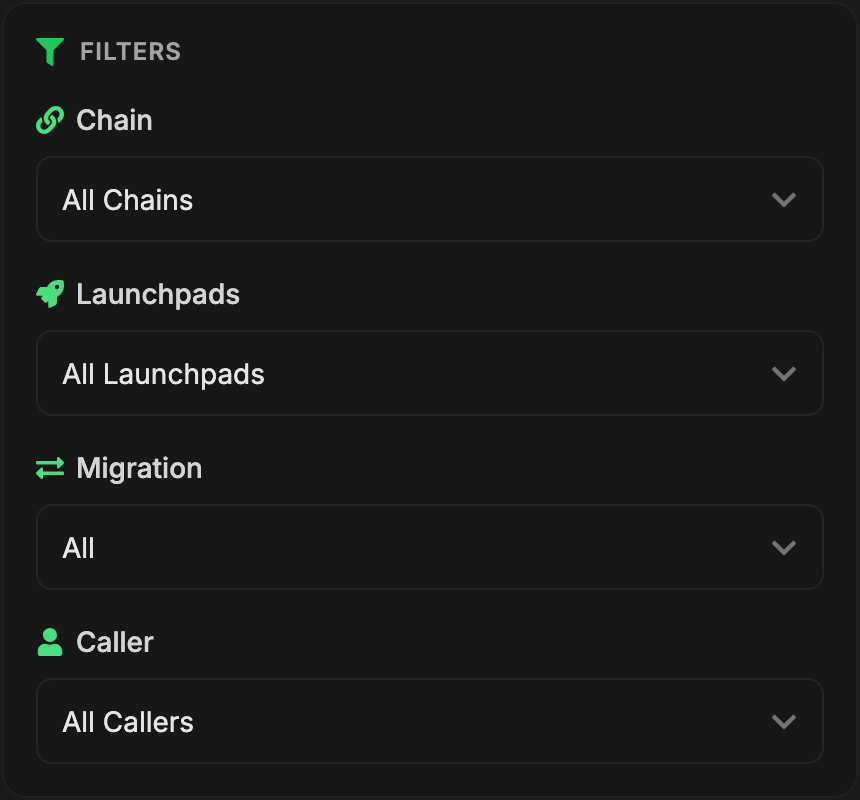 The DApp filters panel: dropdowns for chain, launchpad, migration status and caller