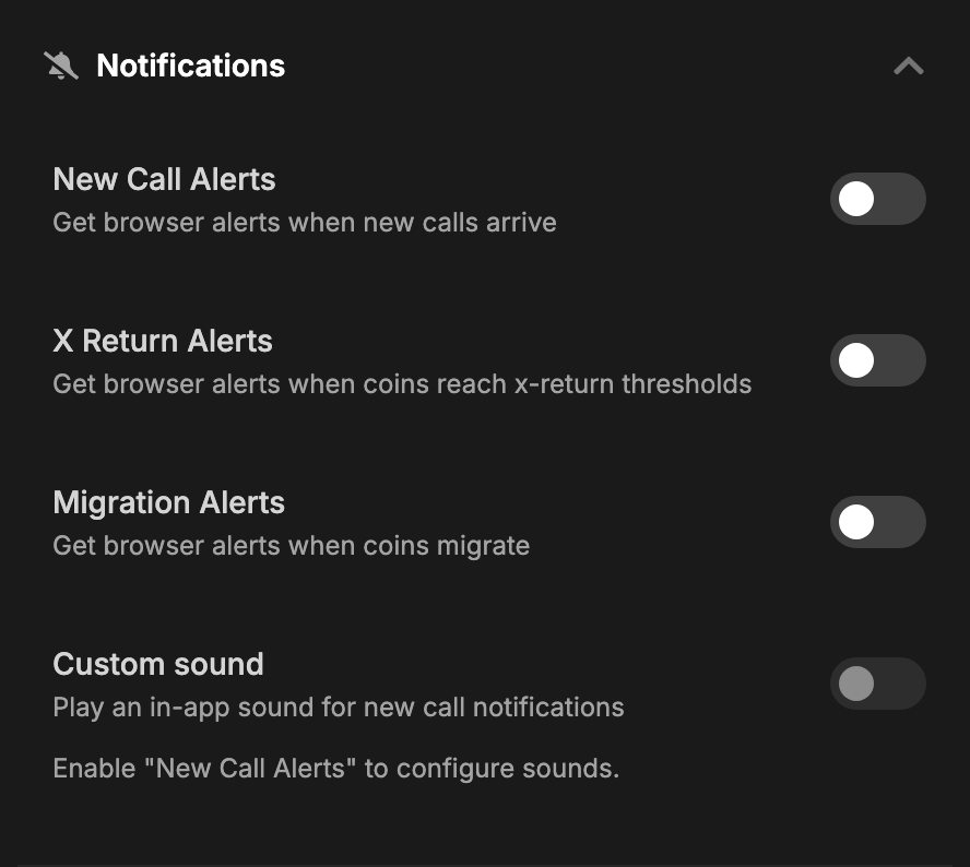 Notification settings: toggles for new call, X return and migration alerts, a custom sound picker and a volume slider