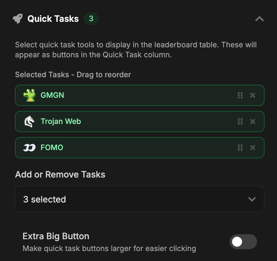 Quick tasks settings: the selected task buttons in a drag-to-reorder list, a selector to add or remove tasks, and an extra big button toggle