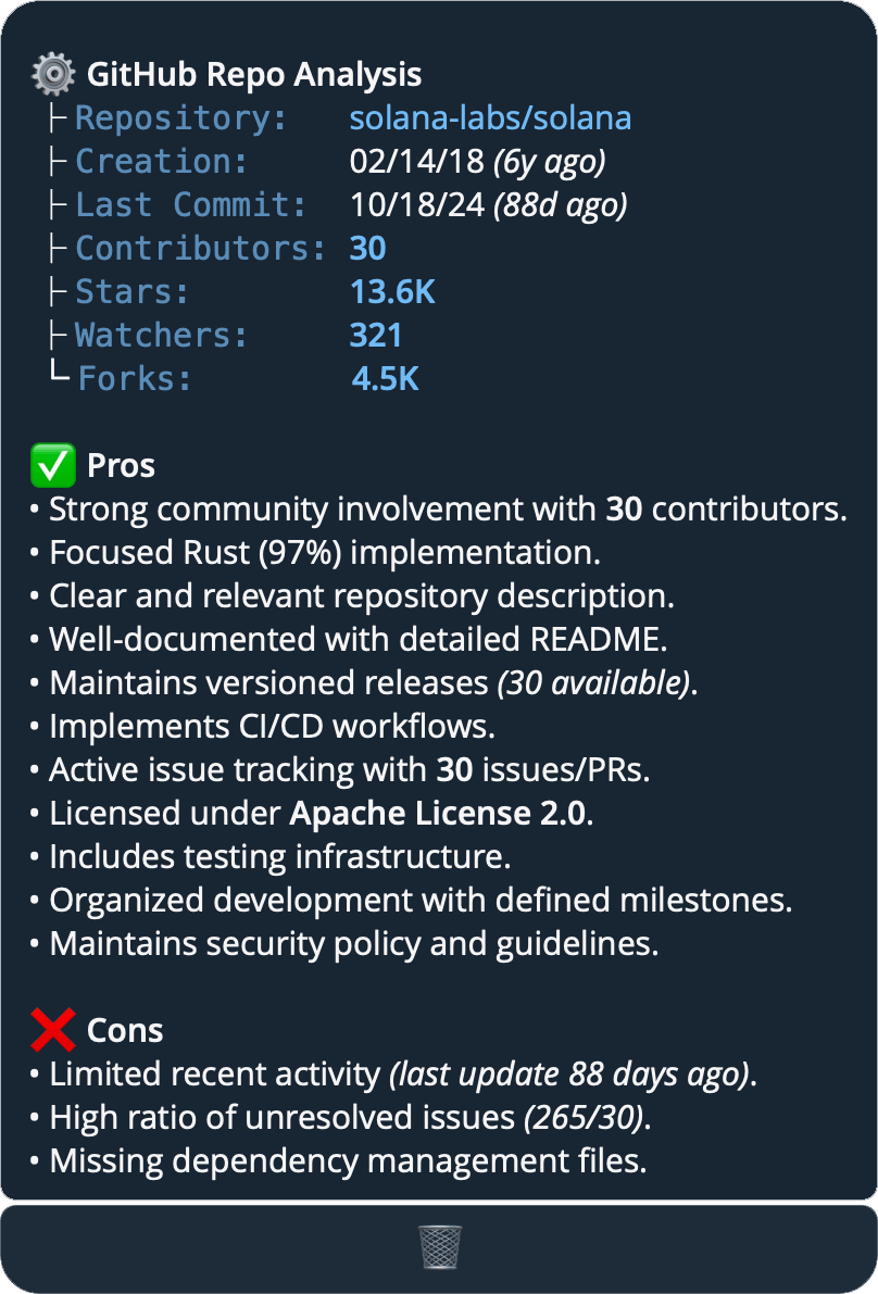 A GitHub repository analysis: repository details, strengths and potential concerns